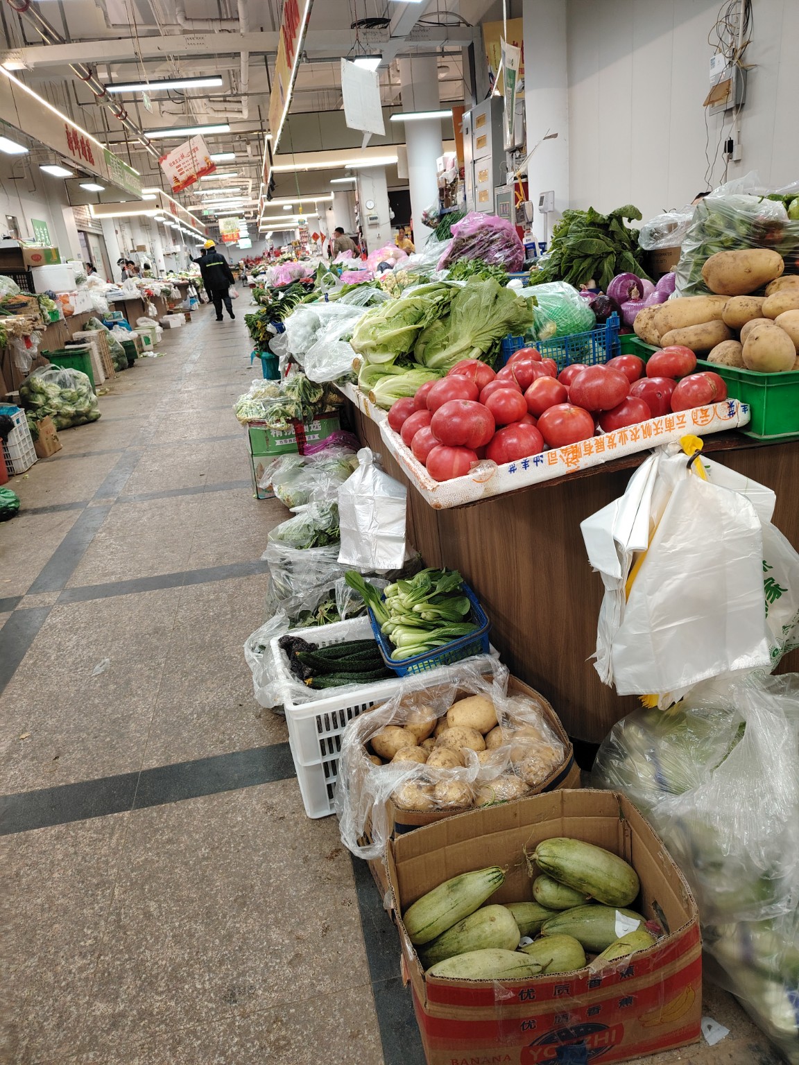 Vegetable stalls inside a Beijing food market